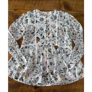 Womens Anthropologie Ginevra Floral Lace Babydoll Boho Long‎ Sleeve Blouse XS